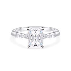 Silver Emerald-Cut CZ Solitaire Engagement Ring with Pavé Band - White